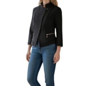 WHBM Black Moto Tweed Jacket Size 2 | Raw Edge Trim Zip Pockets Evening Chic